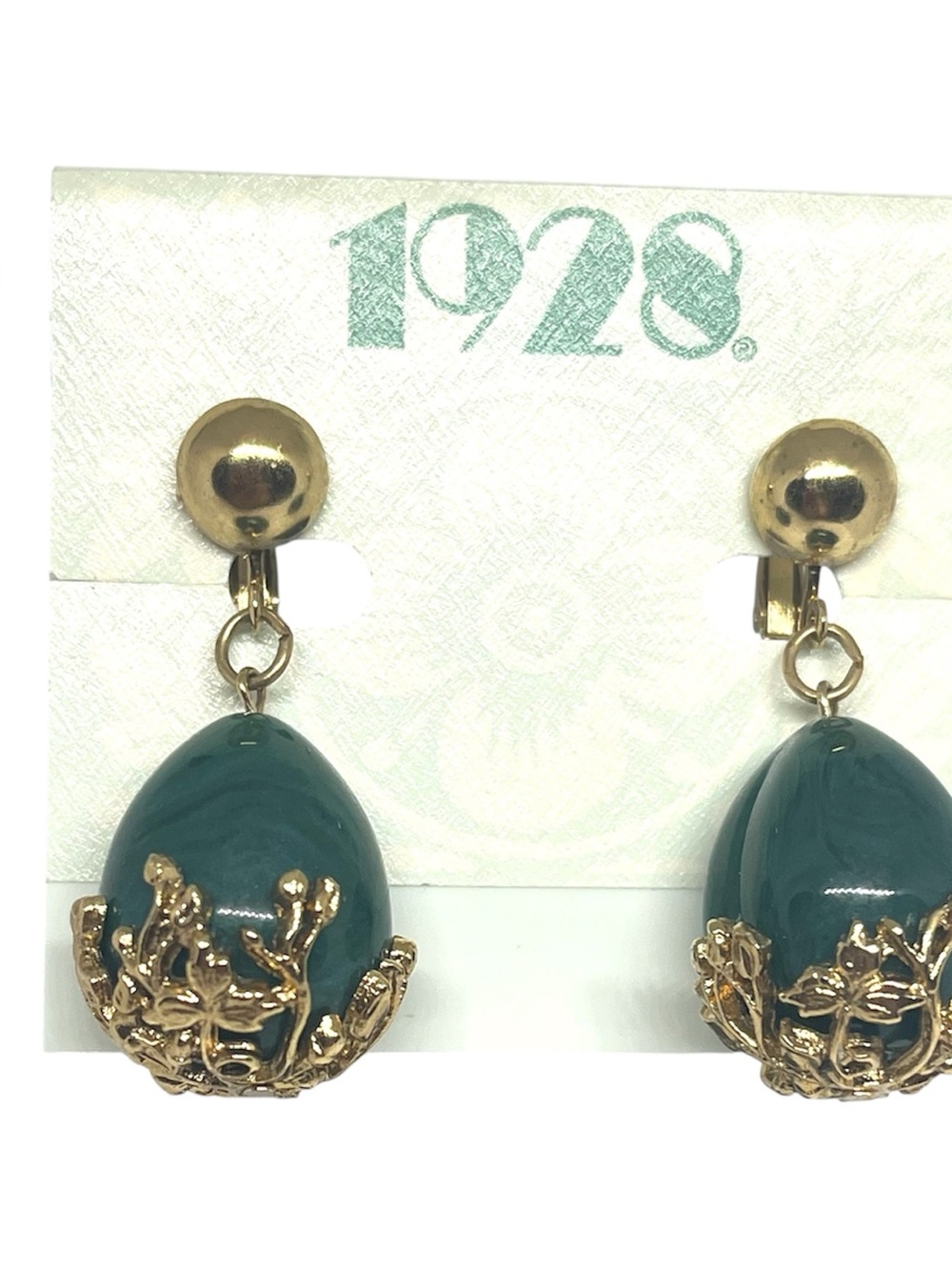 1928 Gold and Teal Dome Drop Clip-On Earrings